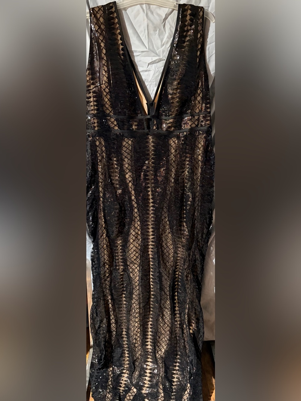 Sequined Black Lace Overlay Dress with Nude Lining